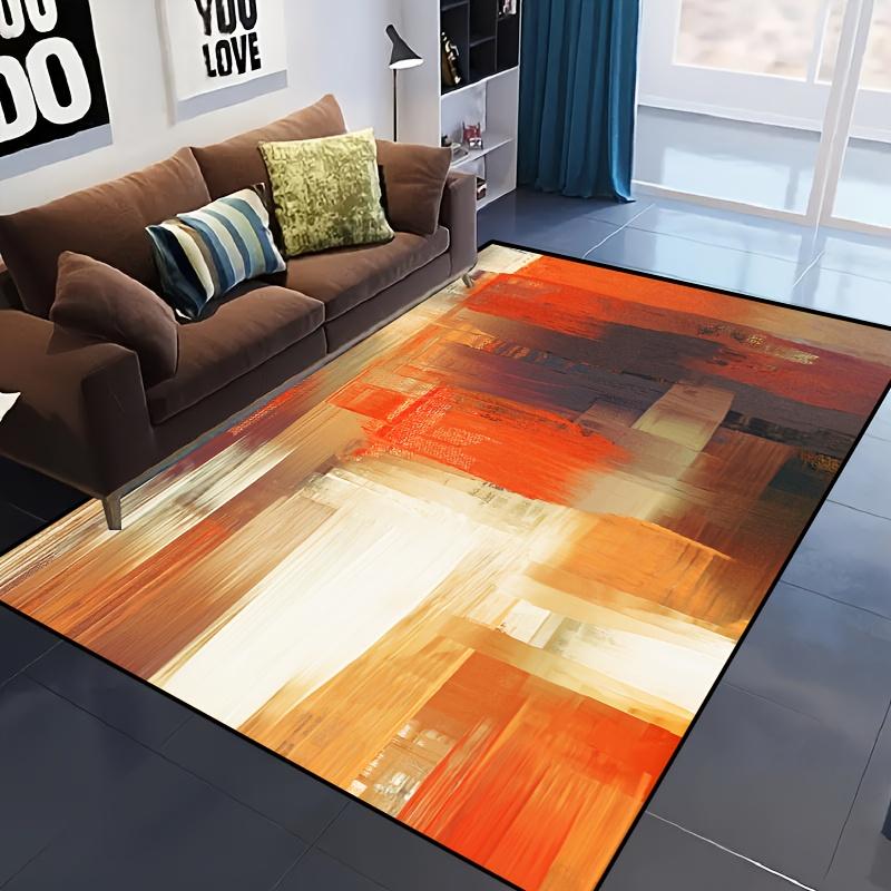 1 ks Živý abstraktní koberec - Polyester omyvatelný v pračce, Teplý oranžový & béžový geometrický vzor, Perfektní pro obývací pokoj, Postel