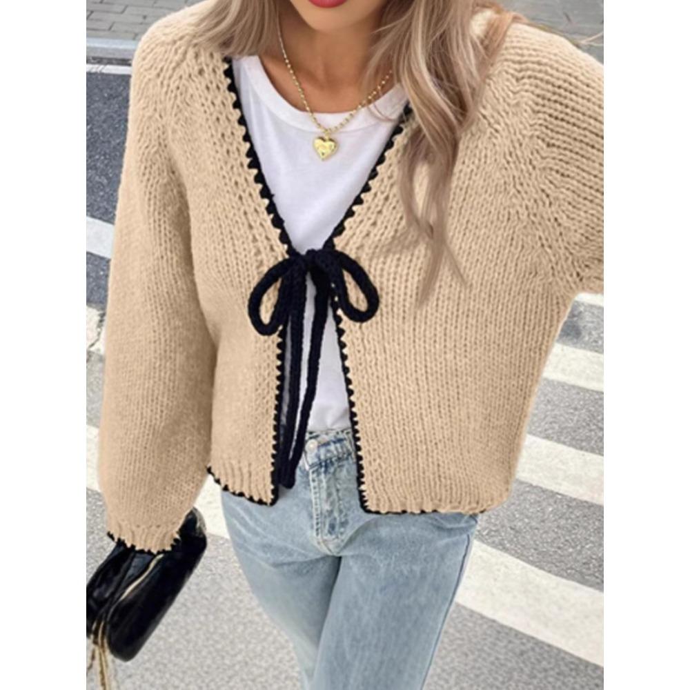 Women's V Neck Long Sleeve Knit Cardigan Regular Fit Elegant Bow Tie Front Solid Knit Cover Up Sweater