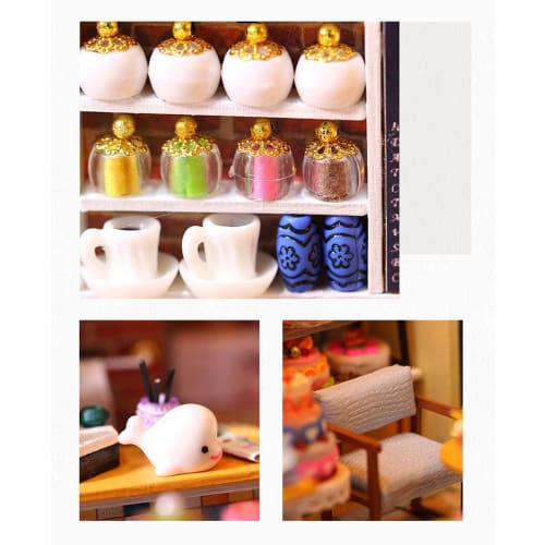 Moin Moin 1/24 Scale Dollhouse Miniature DIY Kit Set Featuring a Cafe, a Yellow Coffee Shop with Colorful Cakes, LED Light and Acrylic Case (product N