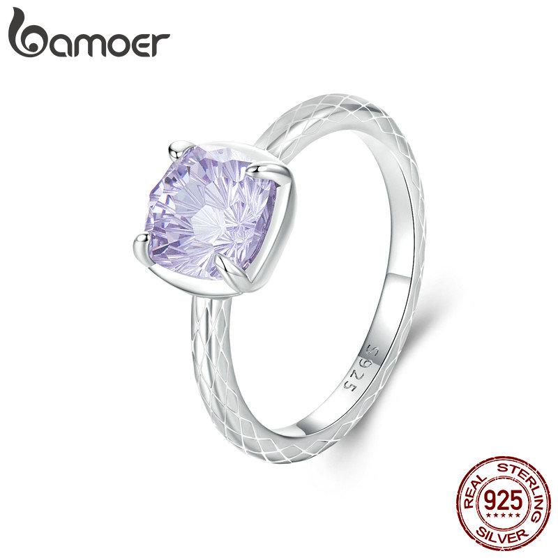 BAMOER 925 Sterling Silver Sparkling Square Gemstone Ring for Women White Gold Plated Pattern Ring Fine Jewelry Gift BSR573