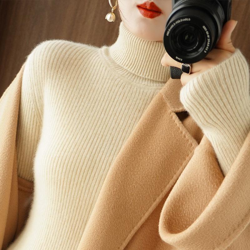 Women's turtleneck sweater, wool long-sleeved pullover, thickened knitted sweater, slim-fitting cashmere bottoming shirt in autumn and winter