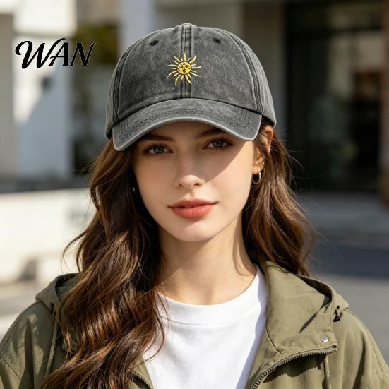 Breathable Baseball Hat Embroidery Sun Pattern Hat, Adjustable Back Buckle Retro Distressed Style Cap, Washed Cotton Fabric Outdoor Sunshade Cap Soft