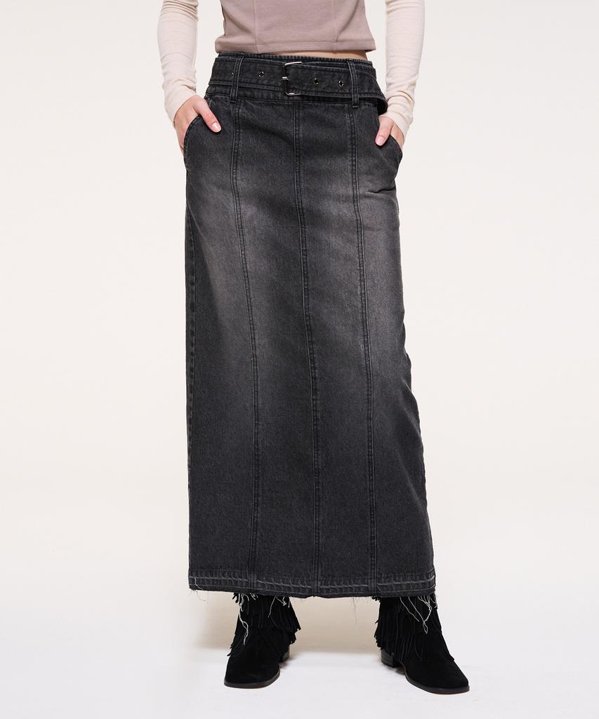 Etmont Wide Belt Long Denim Skirt, Black