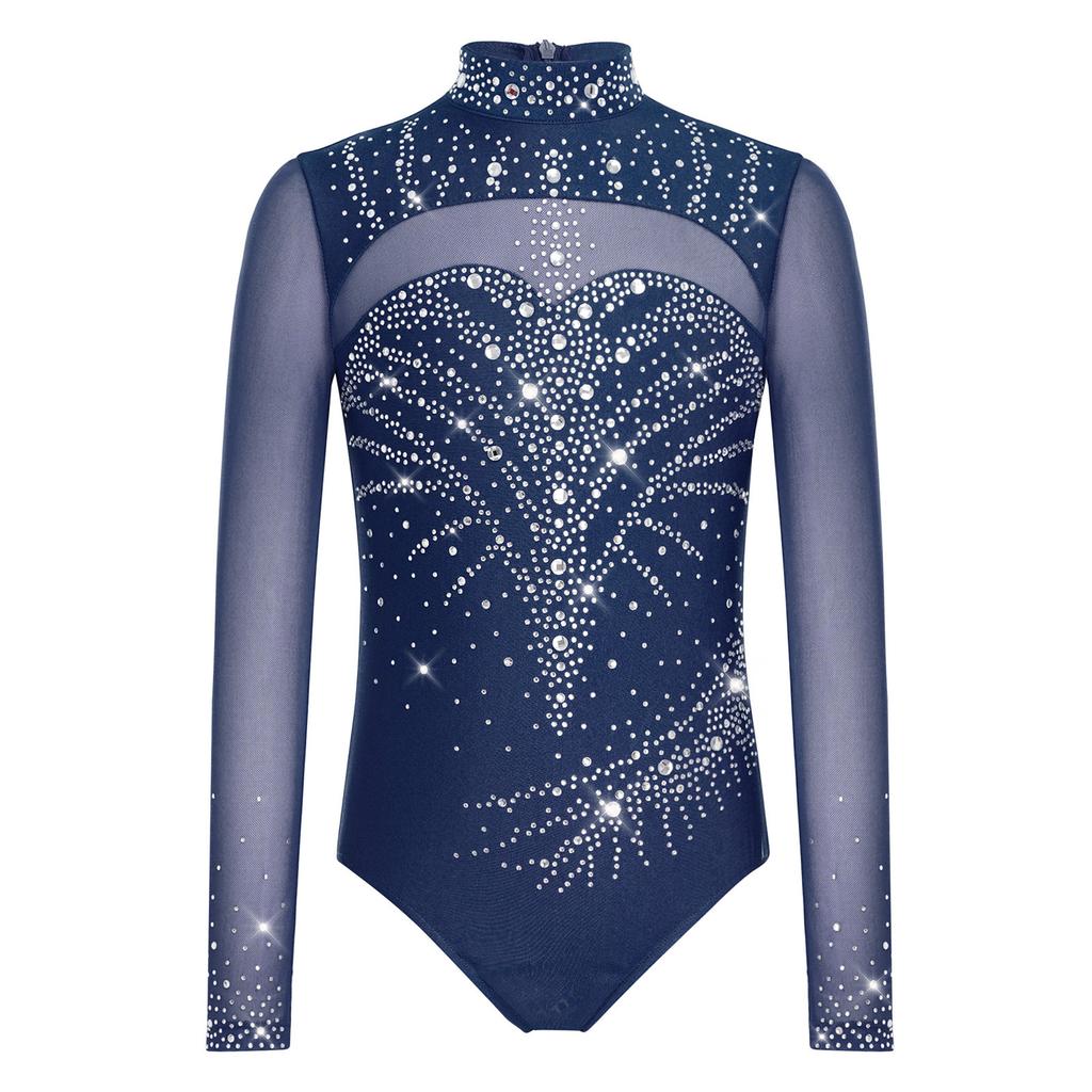 Mädchen Rollkragen Unitard Langarm Netz-Patchwork Glitzernde Strasssteine Rücken Unsichtbarer Reißverschluss Gymnastikbodysuit