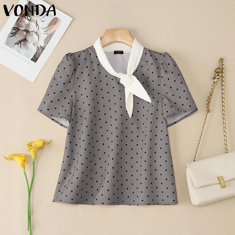 

VONDA Women Stand Neck Puff Sleeve 3D Flower Polka Dots Casual Cropped Blouse S