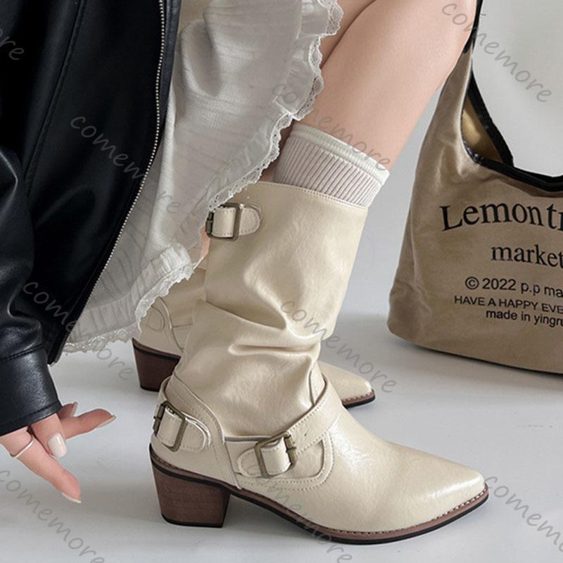 Fashion Comemore Beige Fashion Western Mid-calf Boots for Women New Autumn Thick Middle Heel Pointed Toe Stacked Short Botas Femininas