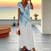 Women Plus Size V Neck Short Sleeve Maxi Dress Blue White Chevron Triangle Geometric Print Loose Long Dress