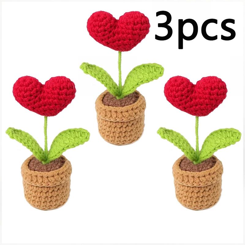 1-5pc Handmade Knitted Flower Pot Red Heart-Shaped Knit Imitation Potted Creative Gift Ornament Desktop Home Decor Xmas Gift