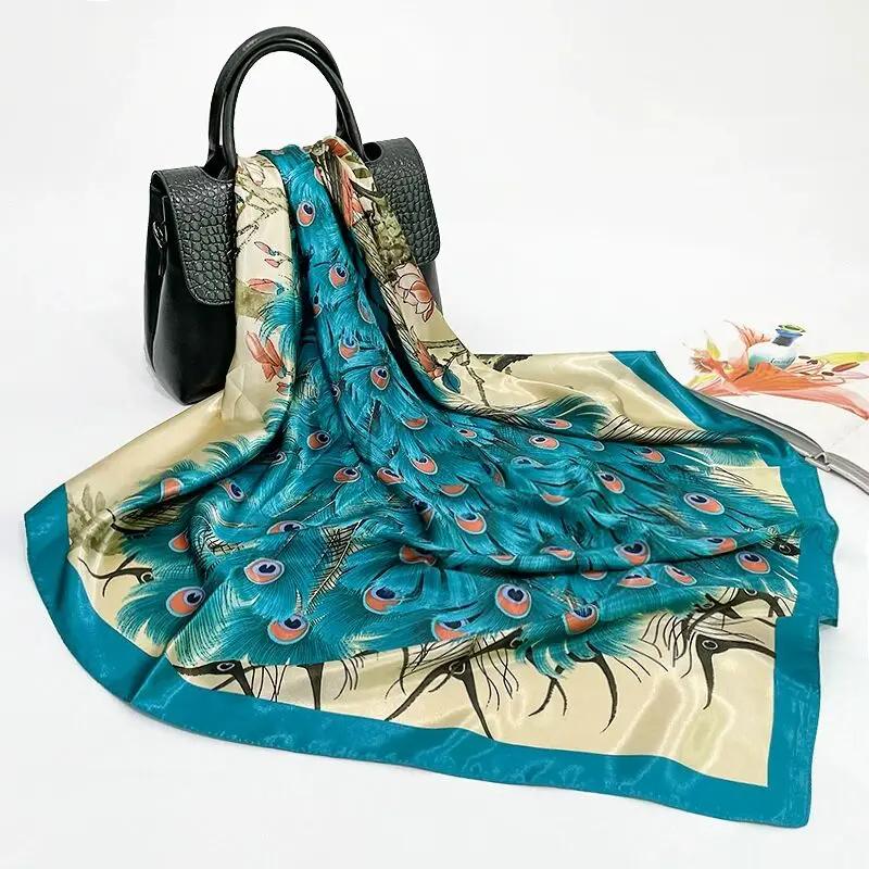 Spring Chinese Style Peacock 90*90cm Lmitation Silk Large Square Scarf Women's Accessories Head Scarf Beach Shawl Scarf