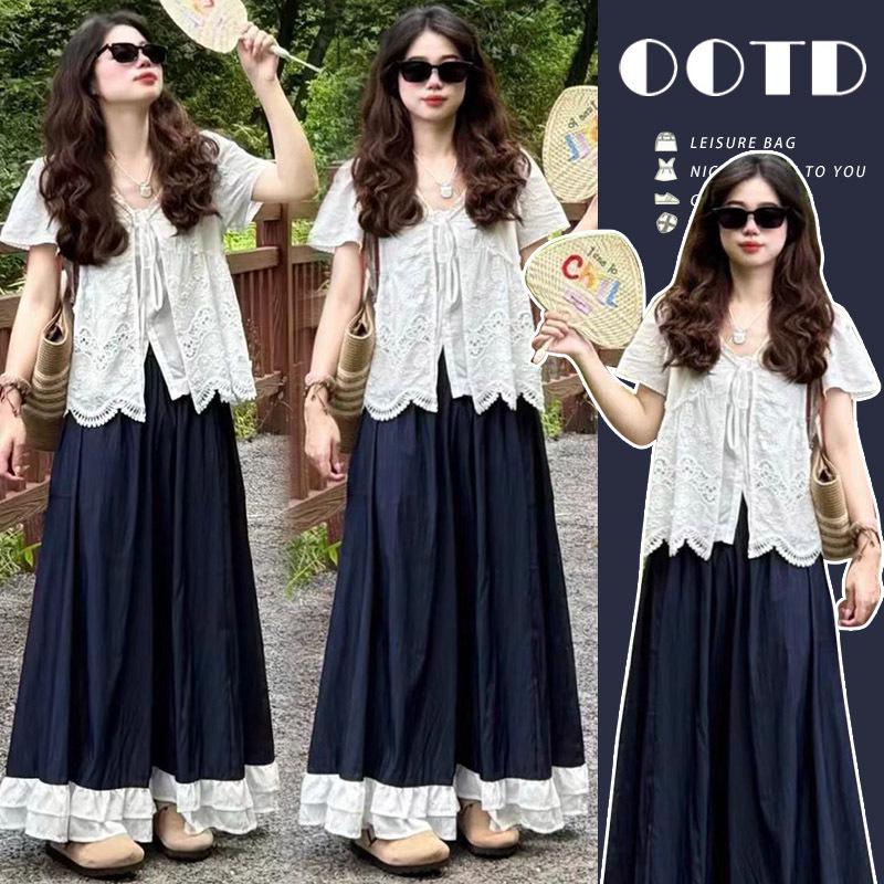 2026 Elegant Summer Forest Maternity Outfit: Chic Hollow Top & Wide-Leg Pants Set L