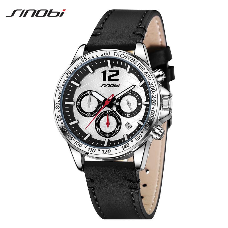 Sinobi Men s Casual Leather Strap Multi-Functional Waterproof Wristwatch with Calendar (Model 9917)