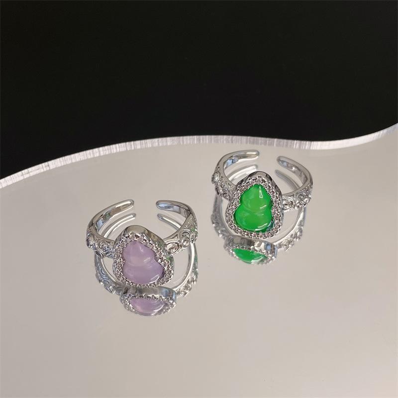 Fashion Full Diamond Zircon Da Mimi Same Open Ring Imitation Chalcedony Gourd Egg Surface Ring Woman