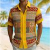 Men's Vintage Ethnic Patchwork Print Short Sleeve Shirt, Spring Summer Casual Vacation Turn-Down Collar Blouse, Loose Fit Top