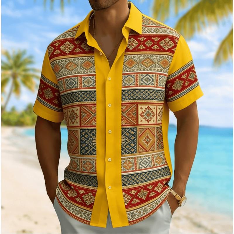 Men's Vintage Ethnic Patchwork Print Short Sleeve Shirt, Spring Summer Casual Vacation Turn-Down Collar Blouse, Loose Fit Top