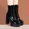 10cm British Patent Leather Boots Women's Block High Heels Shoes Fall Winter 2025 Thick Bottom Platform Ankle Motorcycle Boots