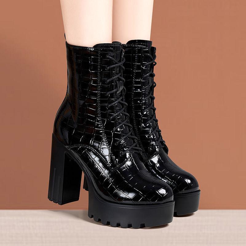 10cm British Patent Leather Boots Women's Block High Heels Shoes Fall Winter 2025 Thick Bottom Platform Ankle Motorcycle Boots