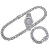 Bling Fully Iced Out Quartz Watch Necklace Bracelet Set Silver Gold Plated 13mm Chain Diamond Pointer Dial Men's