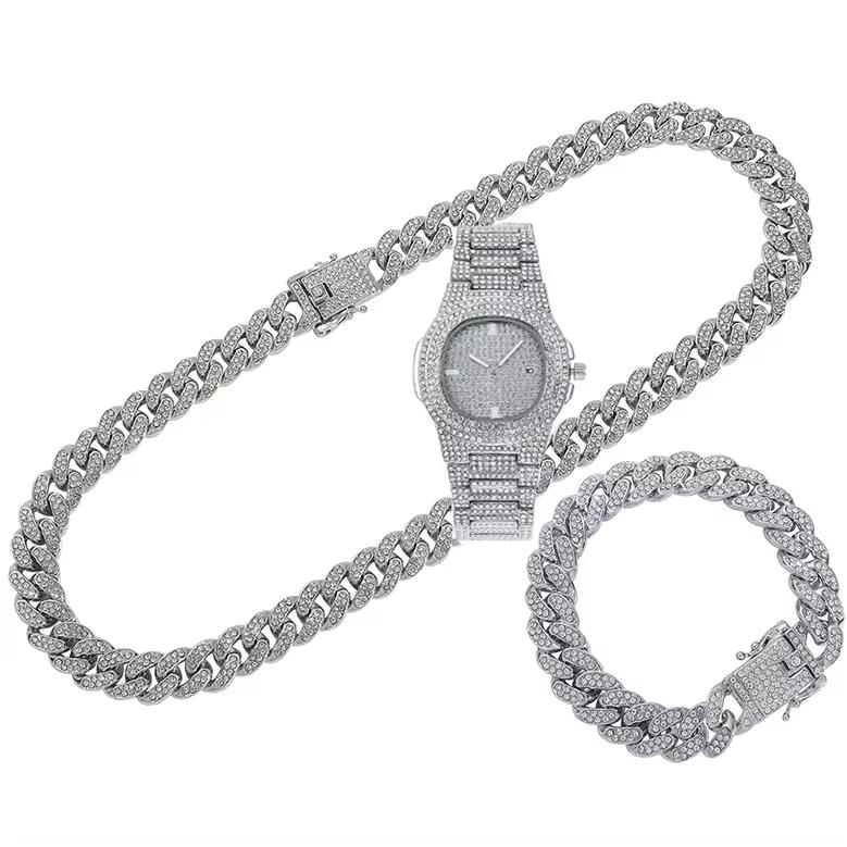 Bling Fully Iced Out Quartz Watch Necklace Bracelet Set Silver Gold Plated 13mm Chain Diamond Pointer Dial Men's