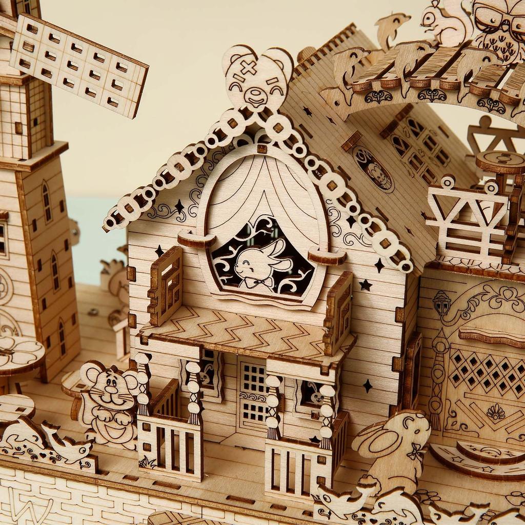 Hallisun 3D Wooden Cute Forest with LED Music Miniature Rotating Assembly Gift for Adults 14 and 174 Pieces Puzzle, Animals, Party, Lights, Box,