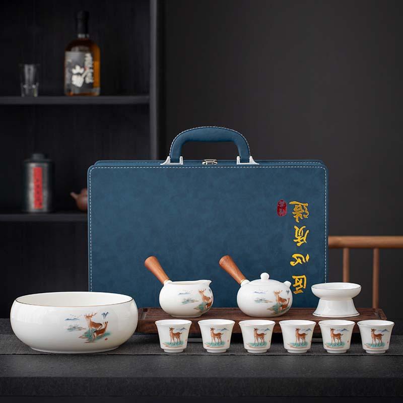 Suet jade tea set Guochao Kung Fu ceramic side handle pot white porcelain gift box business gifts