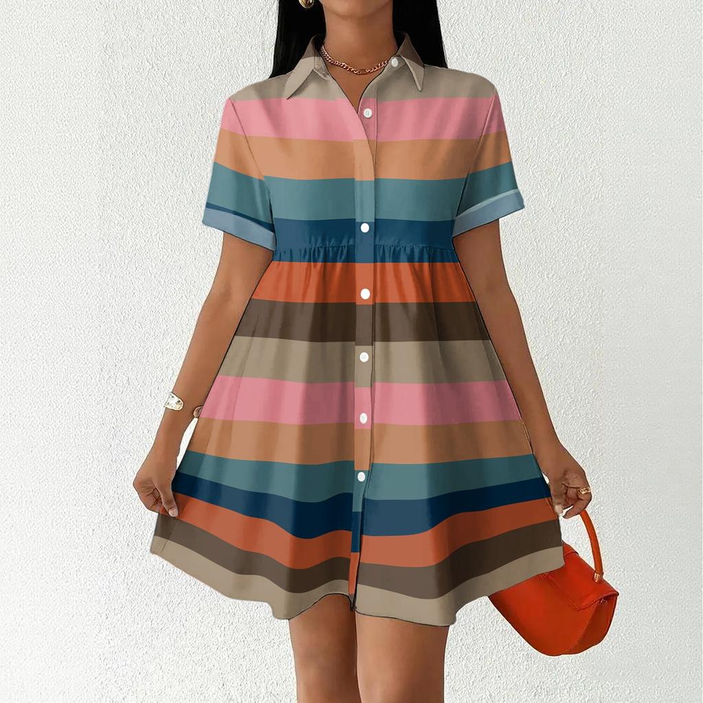 Women Loose Fit Shirt Dress Button Front Stand Collar Short Sleeve Casual Dress with Stripe Print for Daily Wear