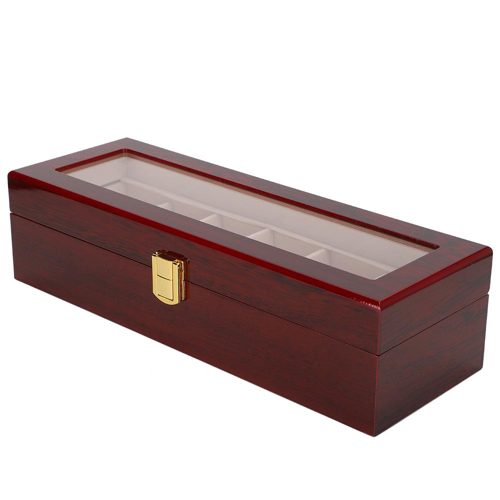 Wooden 6 Grid Watch Display Box Transparent Window Watch Storage Box (Red)