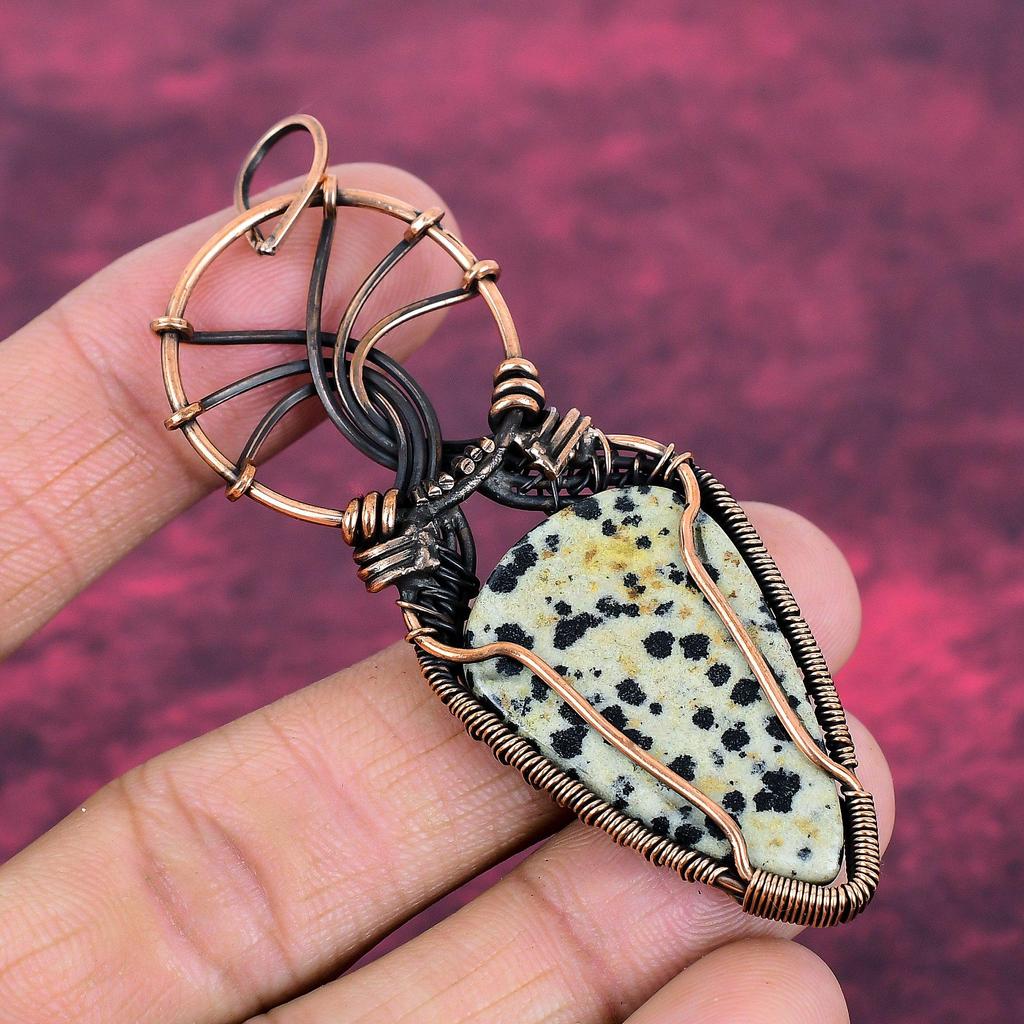 Dalmatian Jasper Gemstone Pendant Copper Wire Wrapped Jewelry Handmade Pendant