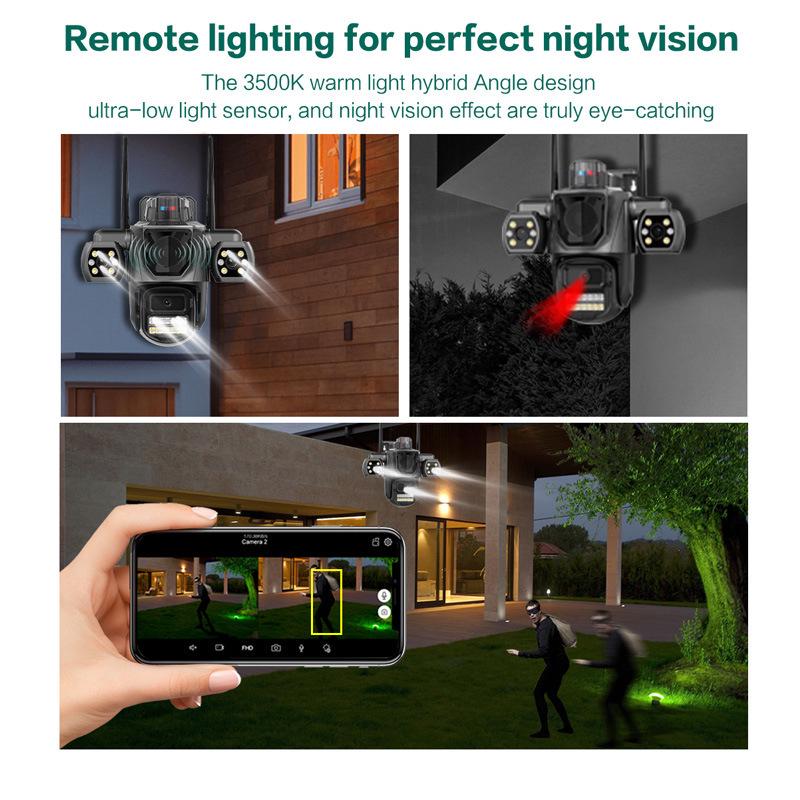 Icsee 9MP Wireless Triple-Lens Outdoor WiFi Camera with Triple-Screen Display.
