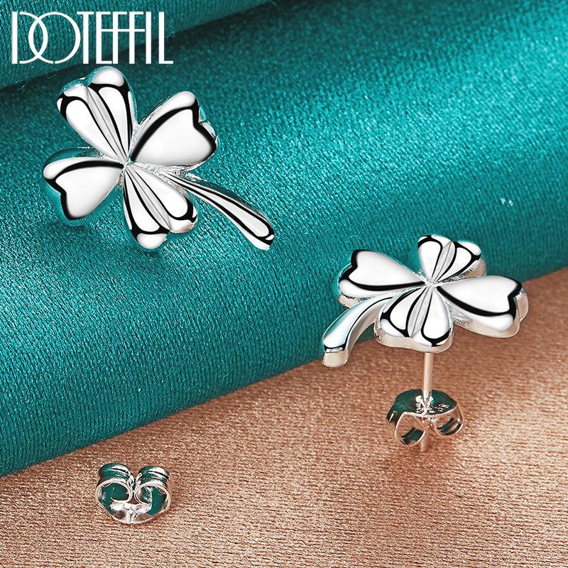 Romantyczne czterolistne kolczyki z trawy Srebrny prezent w kolorze biżuterii