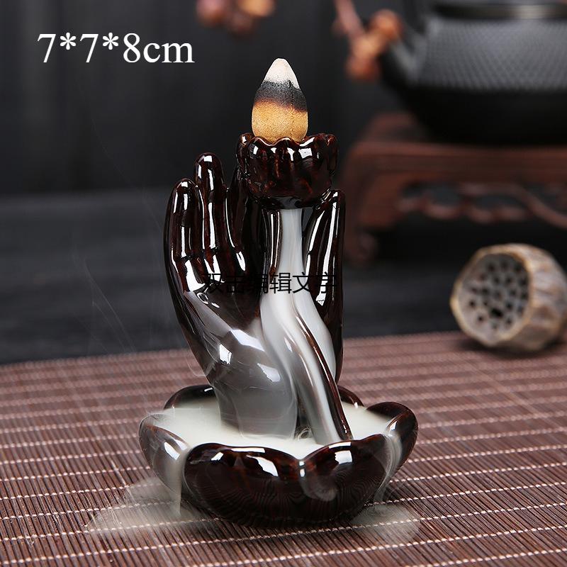 Keramik Rückfluss-Räucherkegelhalter Wasserfall, Lotus Buddha Hand Design, Nebelrauch-Effekt für Zen-Meditation, Heim-Glücksbringer-Dekoration