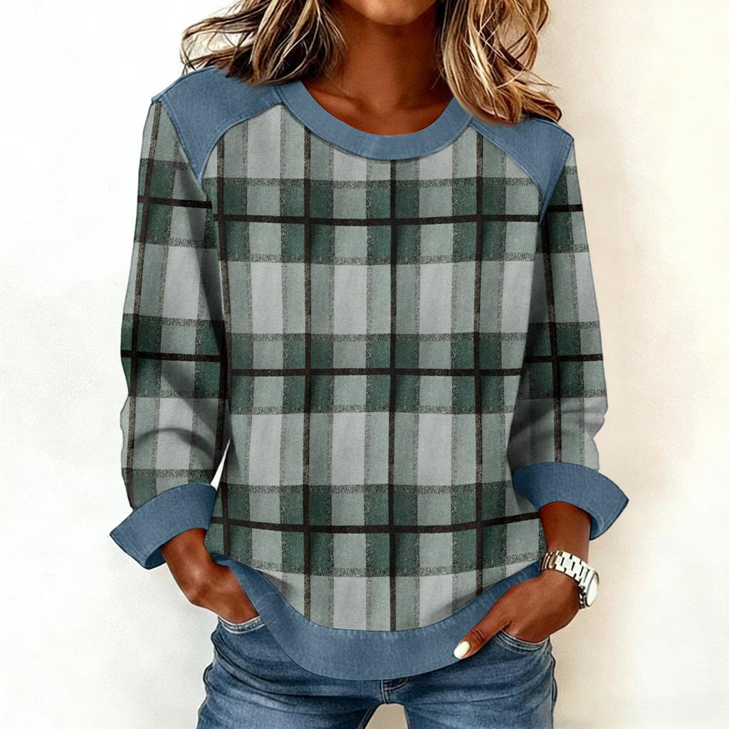 Damen Jeanskragen Patchwork Nähte Sweatshirt Lässig Pullover Langarmshirts