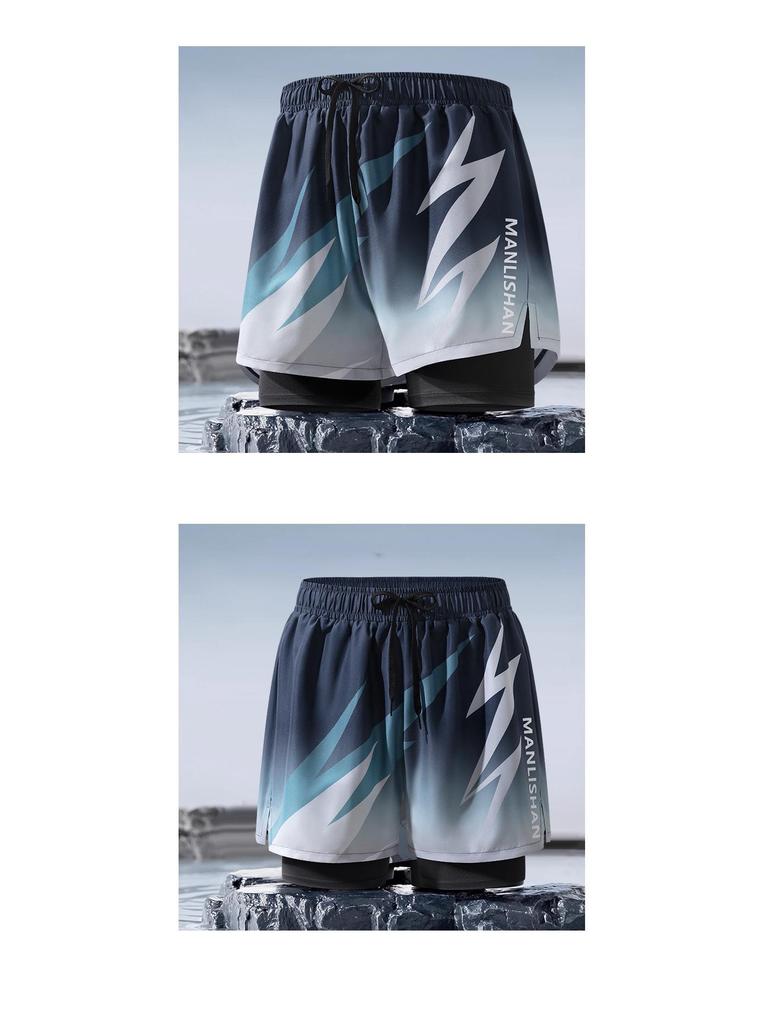 Men's Quick-Dry Double Layer Swim Trunks - Anti-Embarrassment Printed Beach Boxer Briefs
