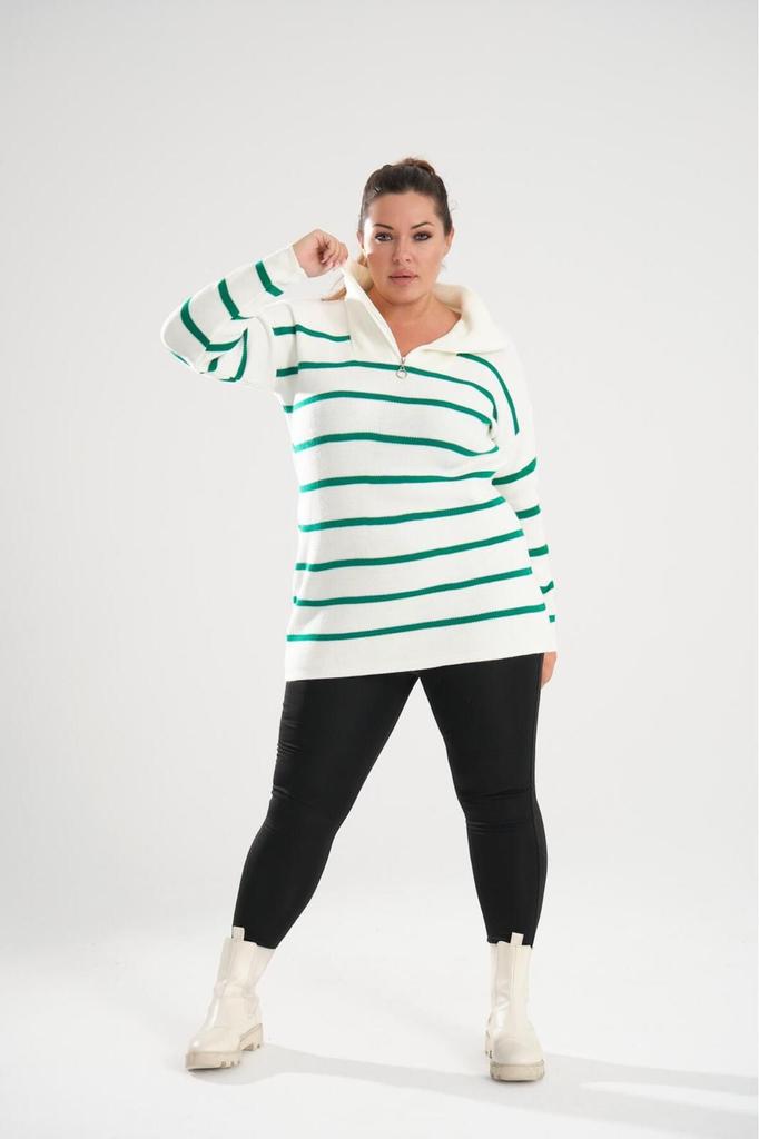 Women's Big Size Blouse Black Zipper Collar Black Striped Knitted Knitwear Plus Size Blouse