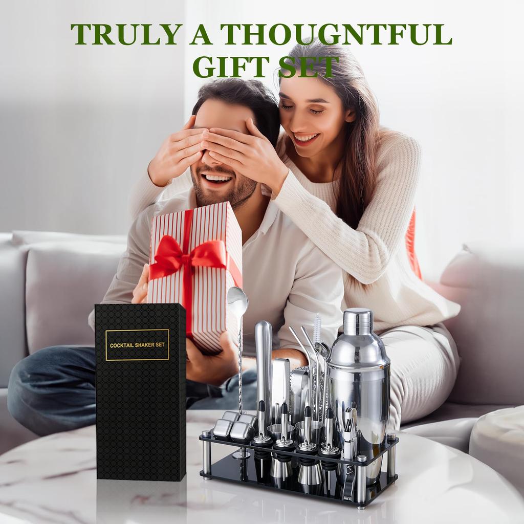 Cocktail Shaker Set, 23-Piece Boston Stainless Steel Bartender Kit Cocktail Recipes Booklet, Professional Bar Tools for Drink Mixing