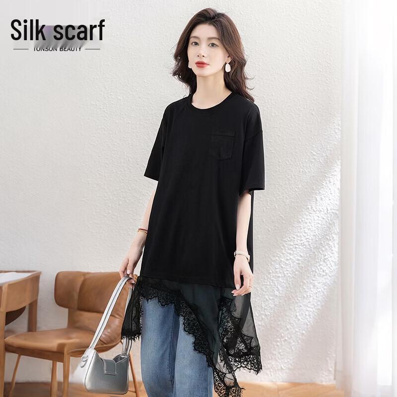 Women s Asymmetric Lace Patchwork T-Shirt L чёрный