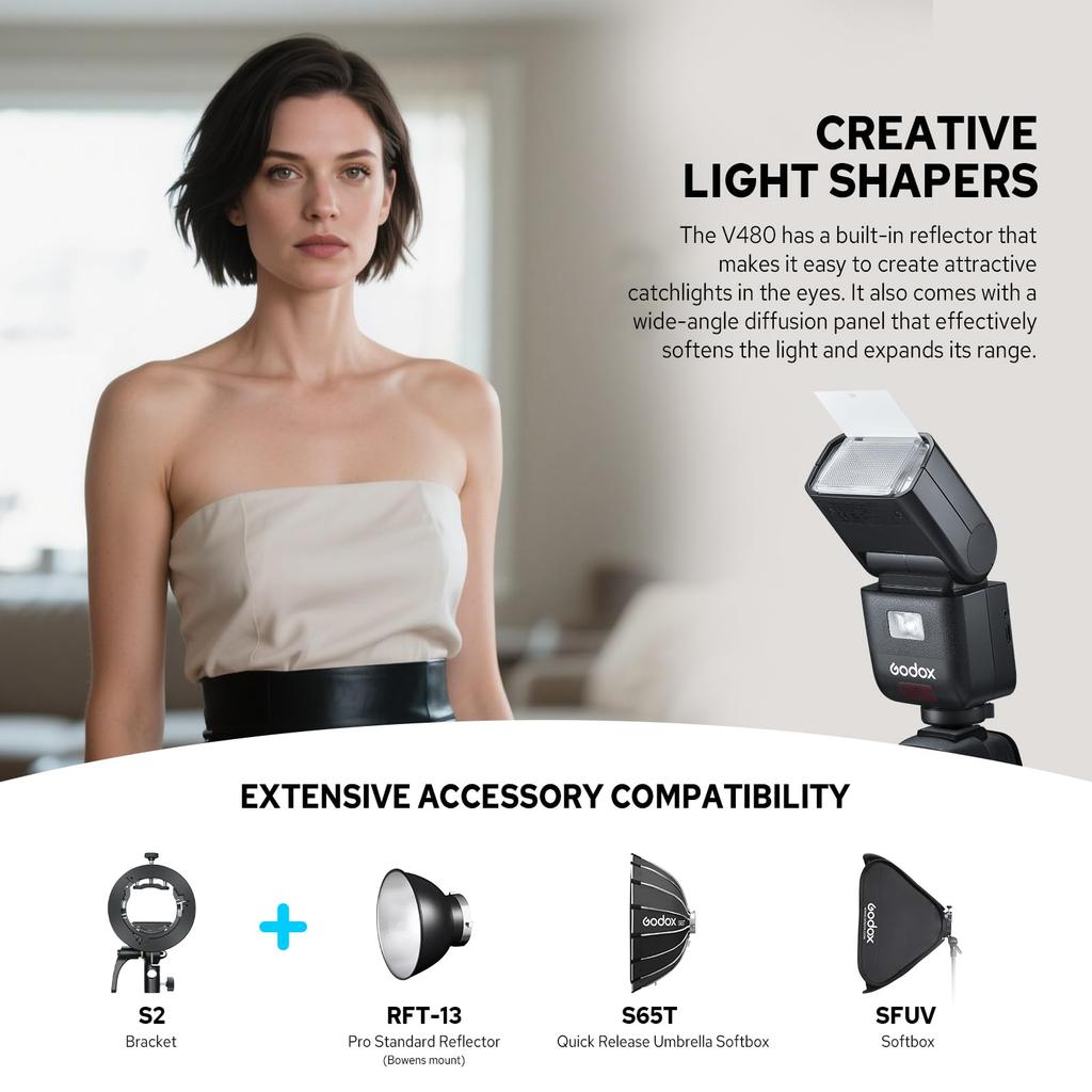 Godox Camera Flash for Olympus and TTL Second Recycle 650 Full Power LED Modeling X Second HSS V480-O Panasonic, GN50, Touchscreen, 1.7 Time, Flash,
