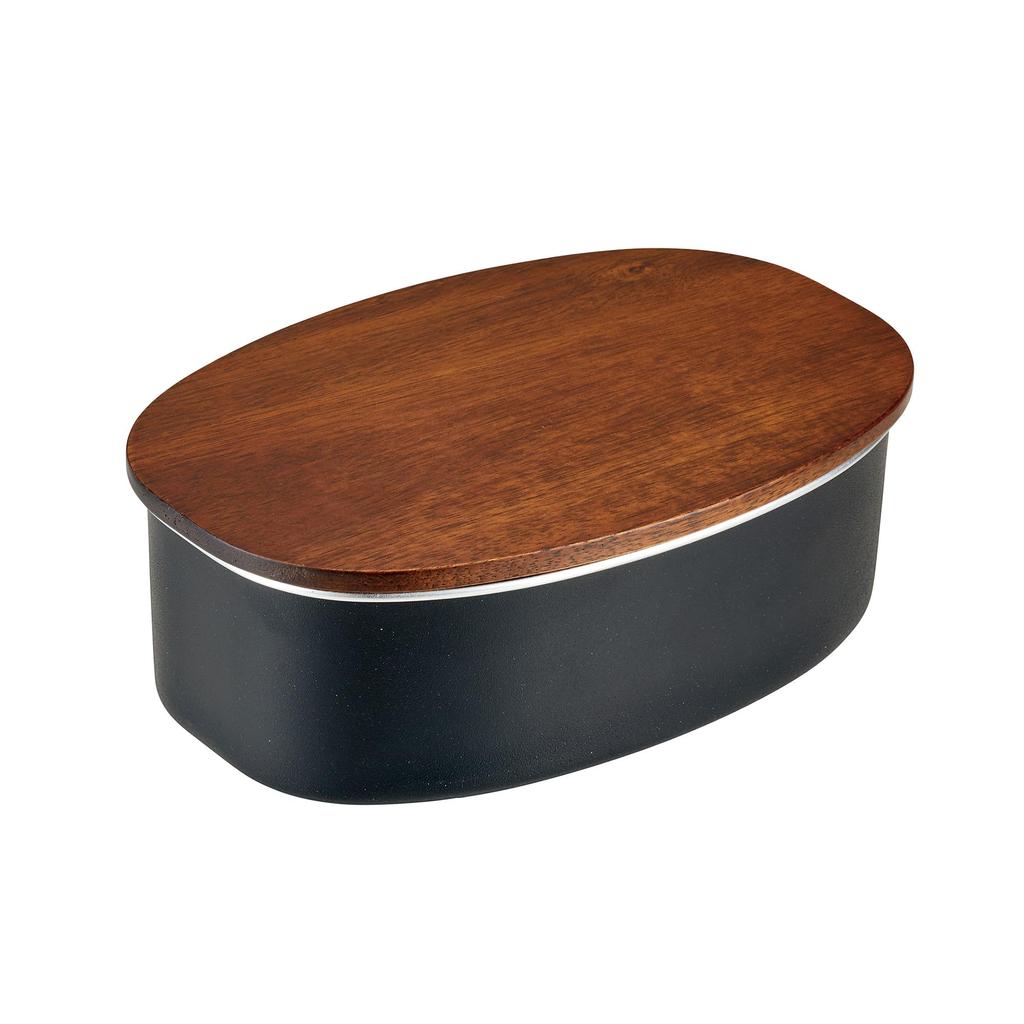Nonoji Stainless Steel Lunch Box, Oval, Microwave and Dishwasher Safe, Stylish and Simple, with Natural Wood Lid, Black