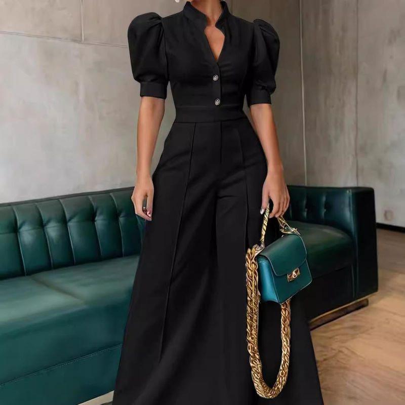 

Elegant V-neck European and American Jumpsuit Women clothes Waist Hugging Short sleeve Wide Leg Pants Jumpsuit Women Black XL