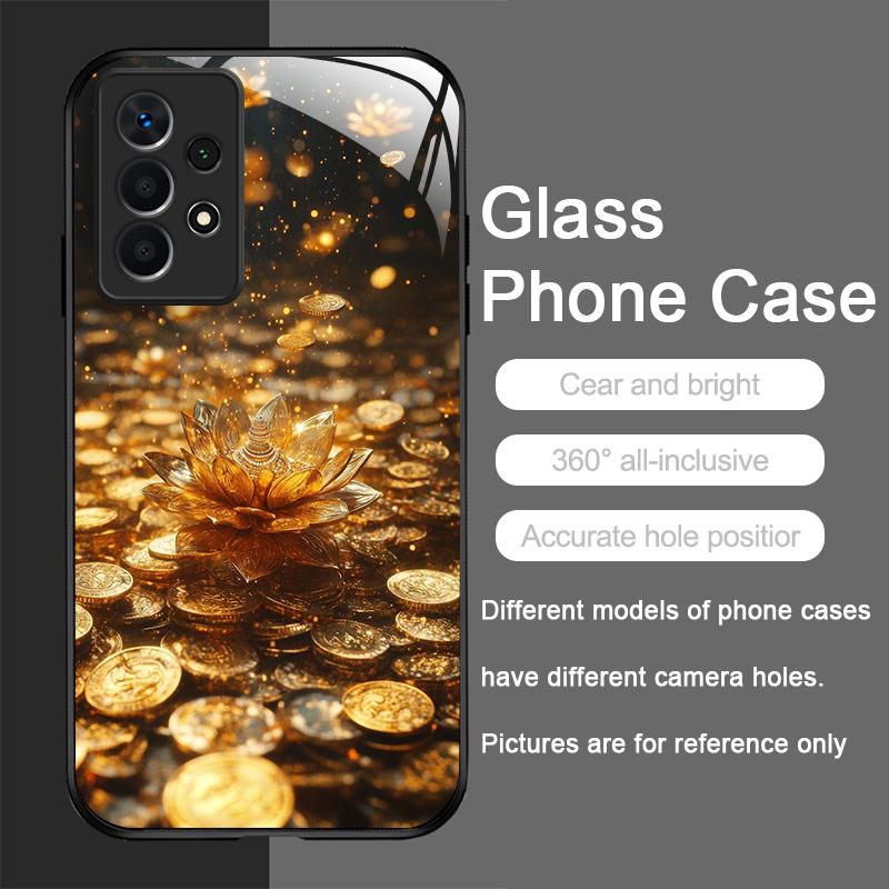 Creative Golden Lotus Flower Pattern Tempered Glass Phone Case for Samsung Galaxy S25 Ultra S24 S23 Plus S22 S21 S20 FE 5G Cover