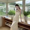 Elegant Summer Boat Neck Pleated Dress - Women's Waist-Cinched Fairy Style with Straps