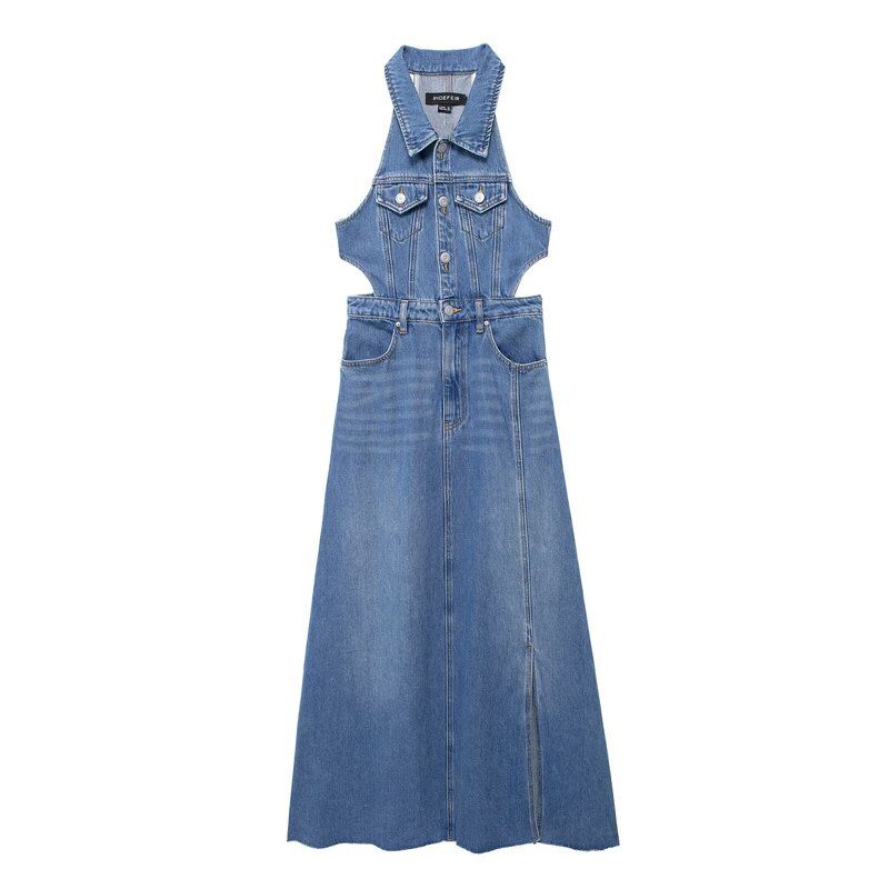 Fashion Style 2024 Summer New Arrival Female Adult Lady like Woman Vacation Style Cut Out Slit Denim Dress Uwh864