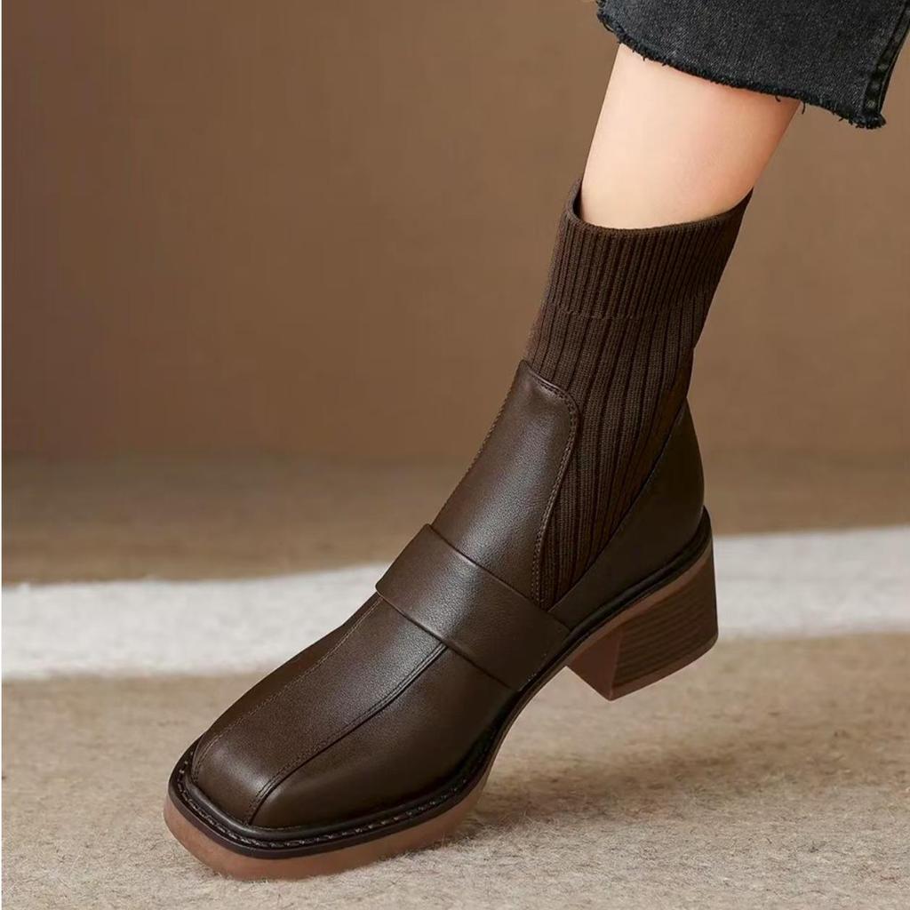 2026 Women's British Style Heeled Ankle Boots Brown Square Toe Stretch Sock Boots Chunky Mid Heel Retro Autumn Booties Size35-40