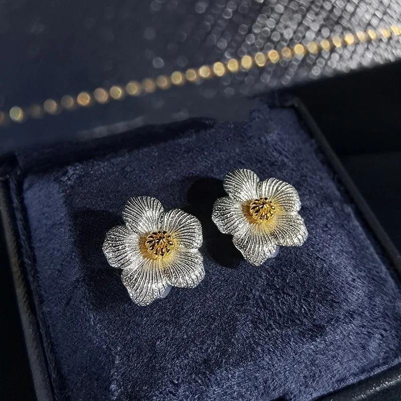 Retro Oil Painting Style Shining Flowers Earings Wire Drawing Gardenias Drop Earrings for Women Exquisite Wedding Zircon