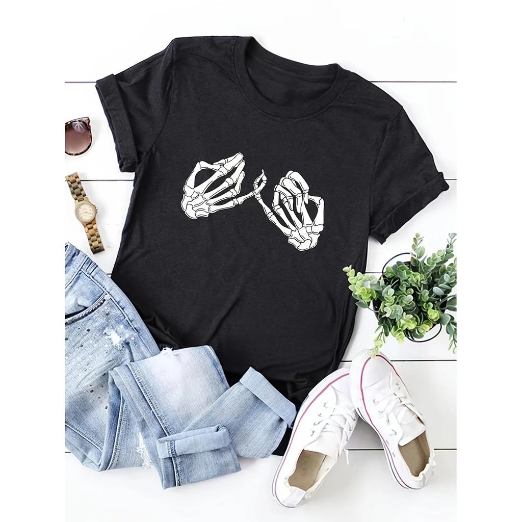 Hand Bone Pattern Printed Round Neck Short-sleeved T-shirt Sports Casual Personality Style Suitable for Summer Outings and Daily