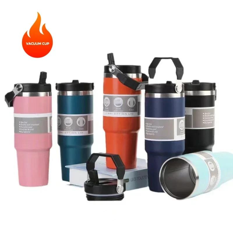 30oz Large Capacity Portable Car Cup Stainless Steel Thermos Cup with Straw & Handle Travel Sports Water Bottle Vacuum Flask
