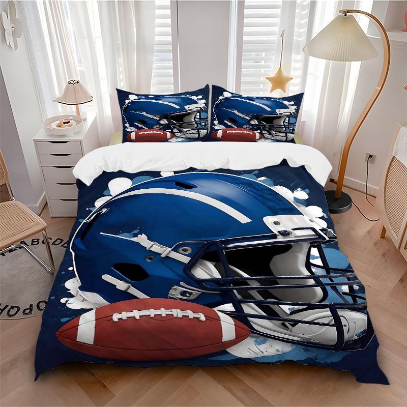 3pcs Blue Football Helmet Bedding Set, Including 1 Quilt Cover and 2 Pillow Shams, Without Filling, Soft and Comfortable Home Bedroom Fabric
