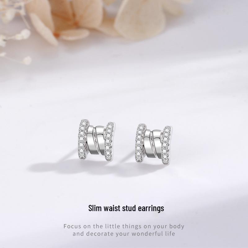 S925 Sterling Silver Slim Waist Zirconia Earrings, Elegant Korean Style, Versatile Niche Ear Jewelry for Women 925 Silver платиновый