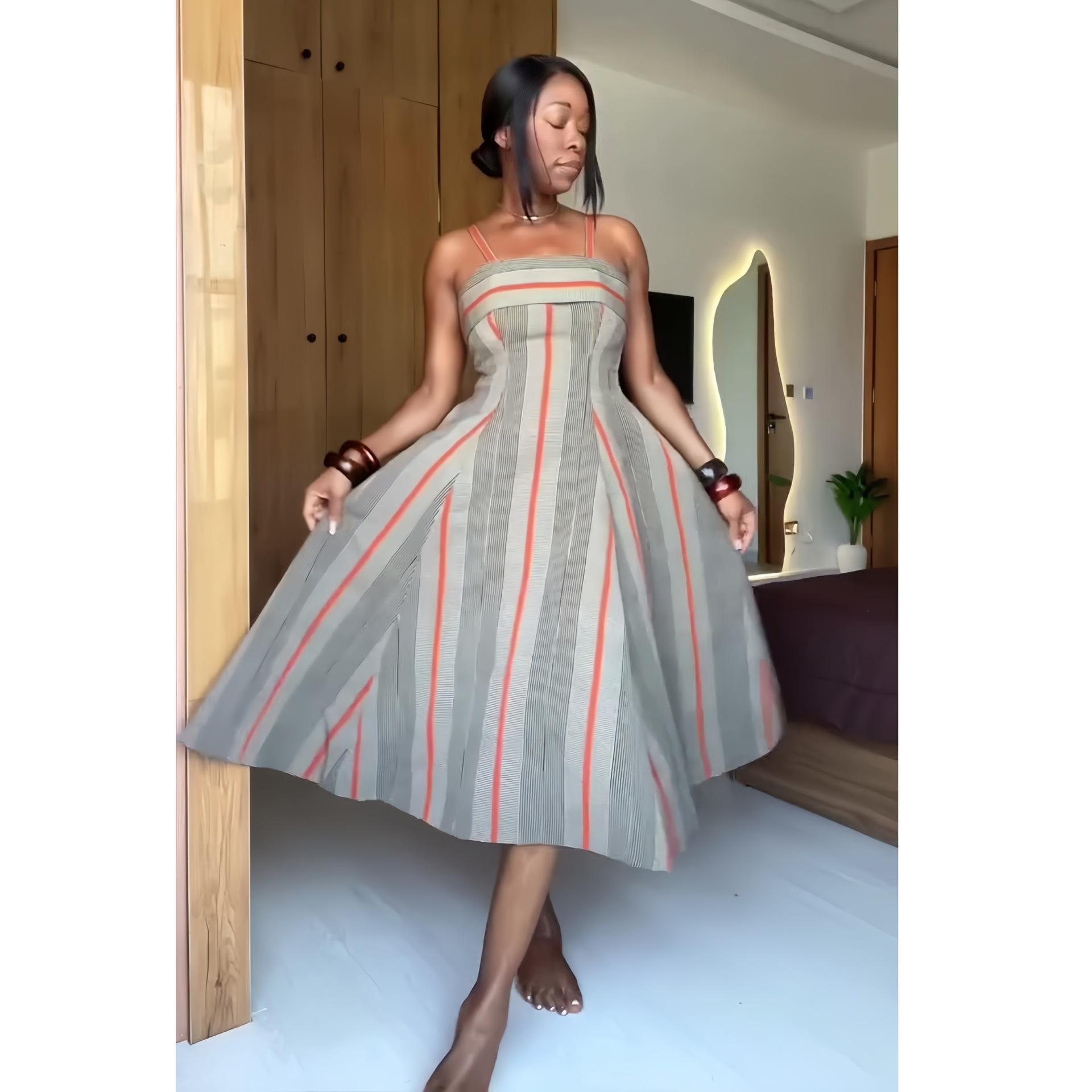 European, American summer African fashion striped suspender dress elegant temperament versatile medium and long skirt children S