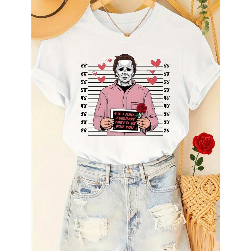 

European sizes Women s Casual Loose Fit T-Shirt with I Love You & Rose Print - Short Sleeve Round Neck Slightly Elastic Knit Top 4XL