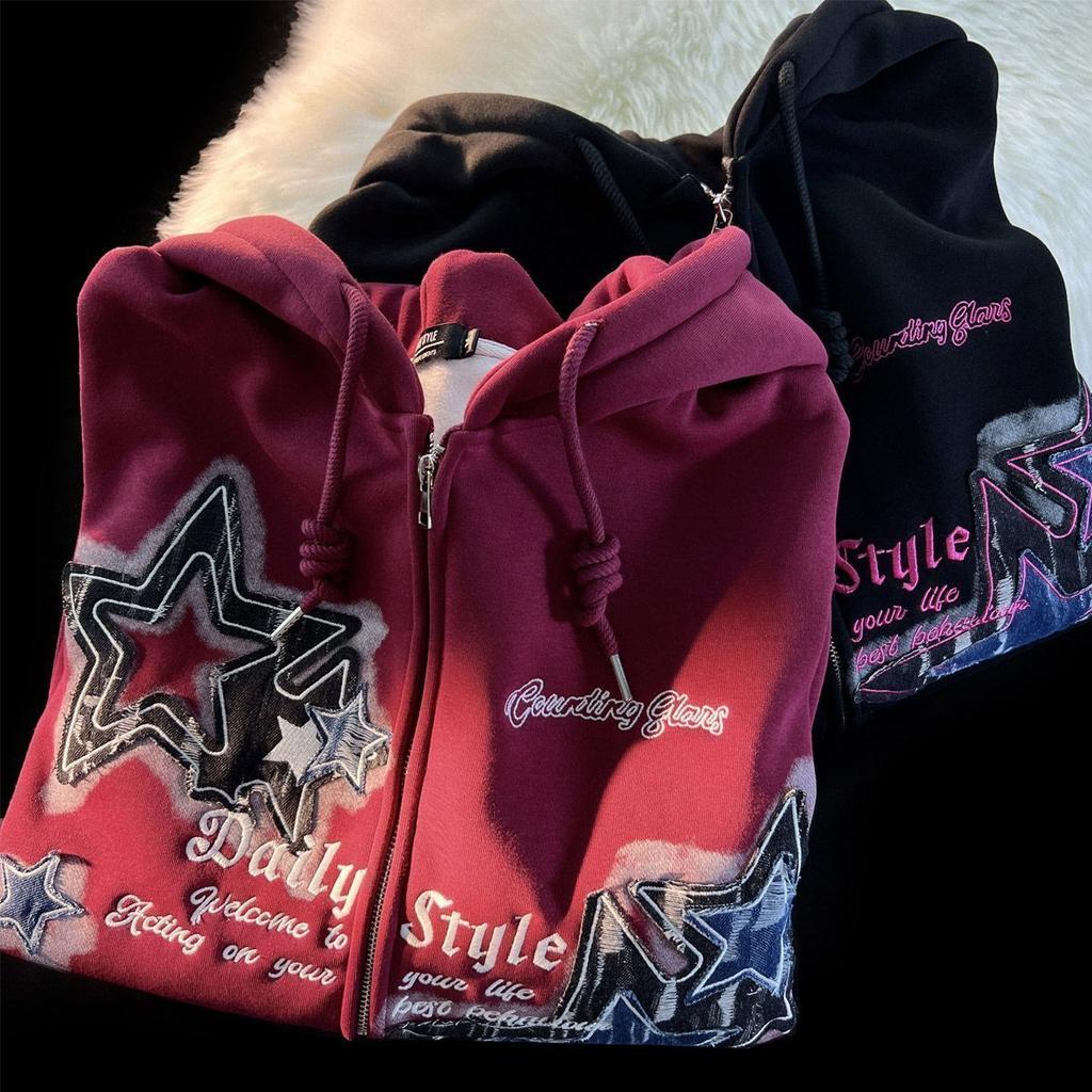 Aesthetic Star Print Cardigan Zip Up Sweatshirt Men Women Autumn Winter Loose Tide Brand Couple Hooded Zip Jacket Harajuku Y2k